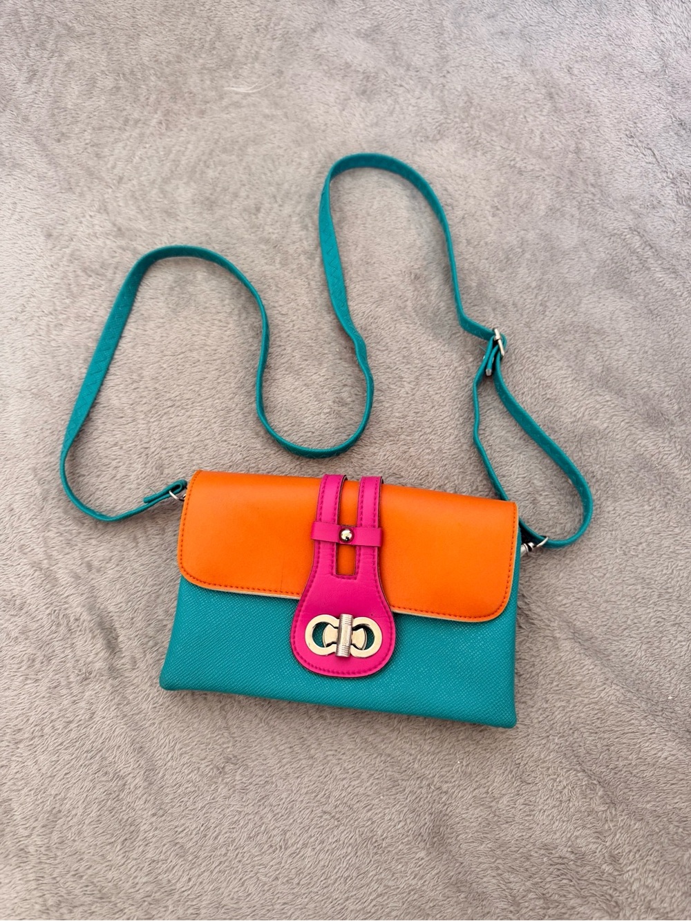 Y2K Colorblock Crossbody Bag Turn-Lock Teal Orange Pink